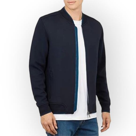 TED BAKER Holla Textured Sleeve Bomber Jacket SIZE S Navy Blue Full Zip Fleece